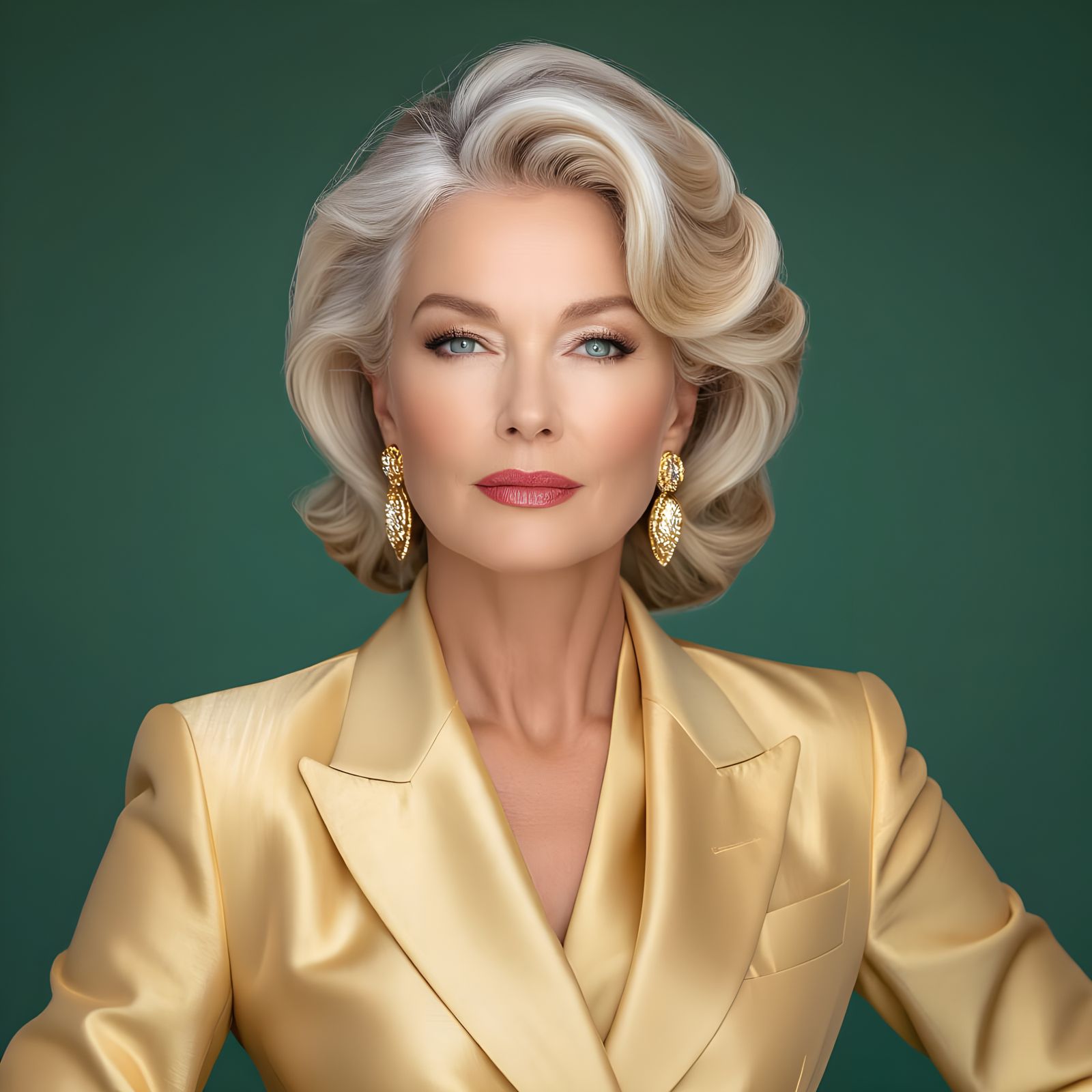 Elegant 55-Year-Old Woman in Golden Suit, Studio Portrait