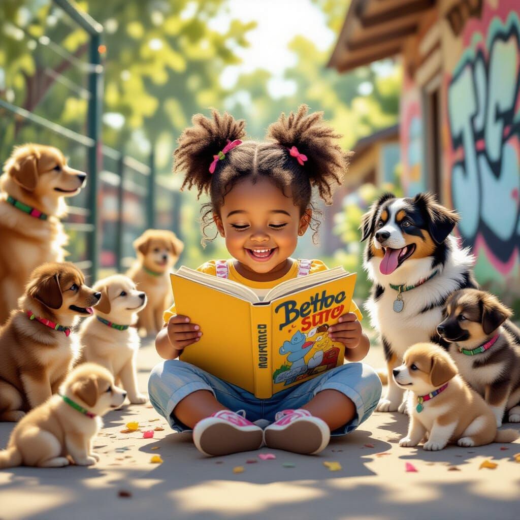 Little Girl Reads to Puppies in Sunlit Shelter