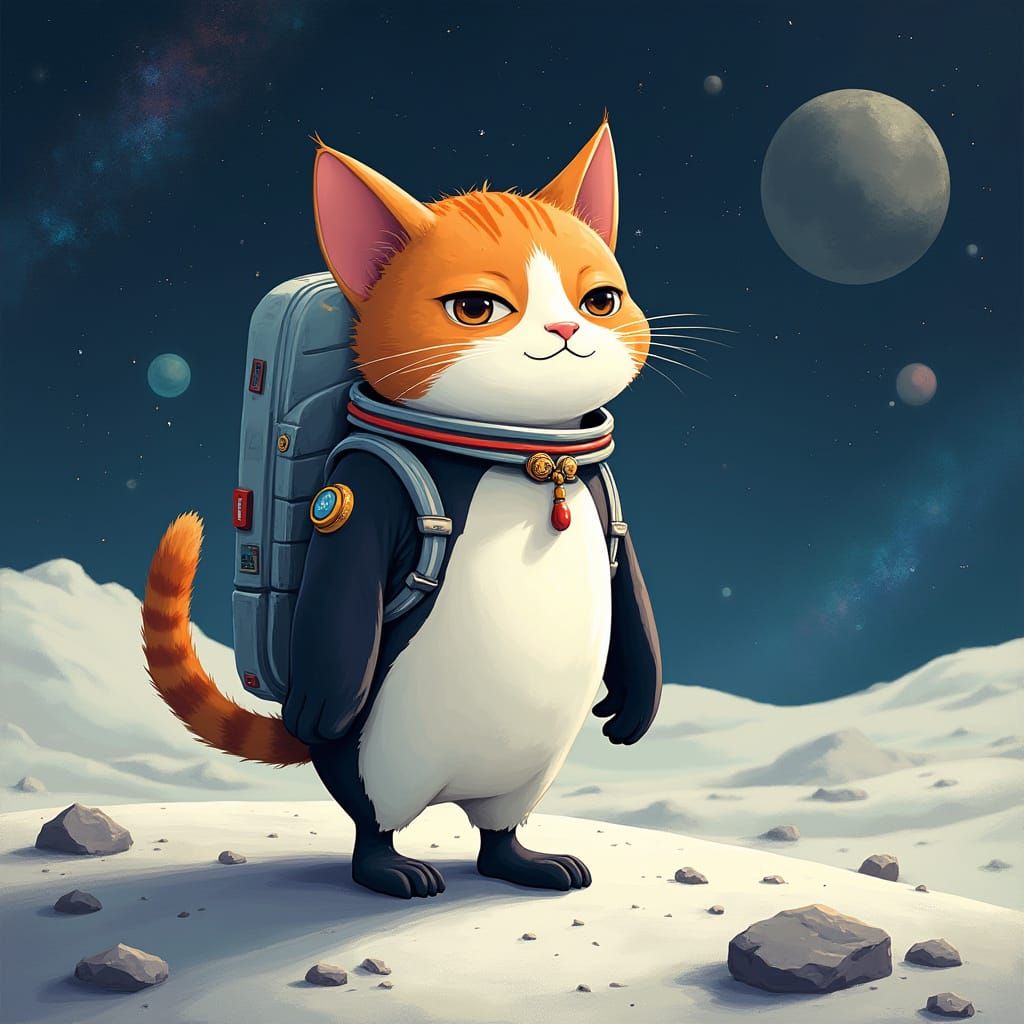 Whimsical Space Cat and Penguin Duo on the Moon