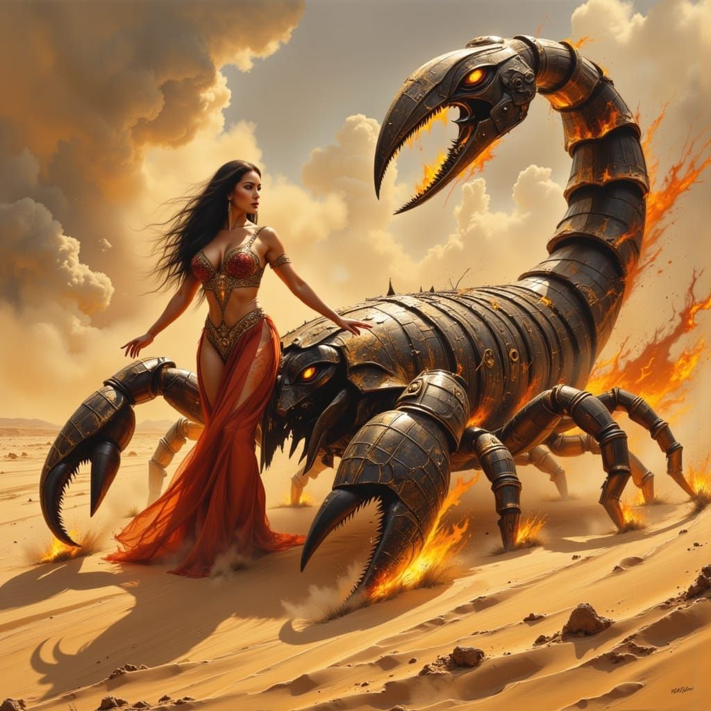 Woman Taming Armored Scorpion in Desert