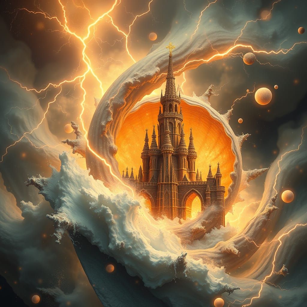 Whirling Sea Castle in Gilded Pointillist Style