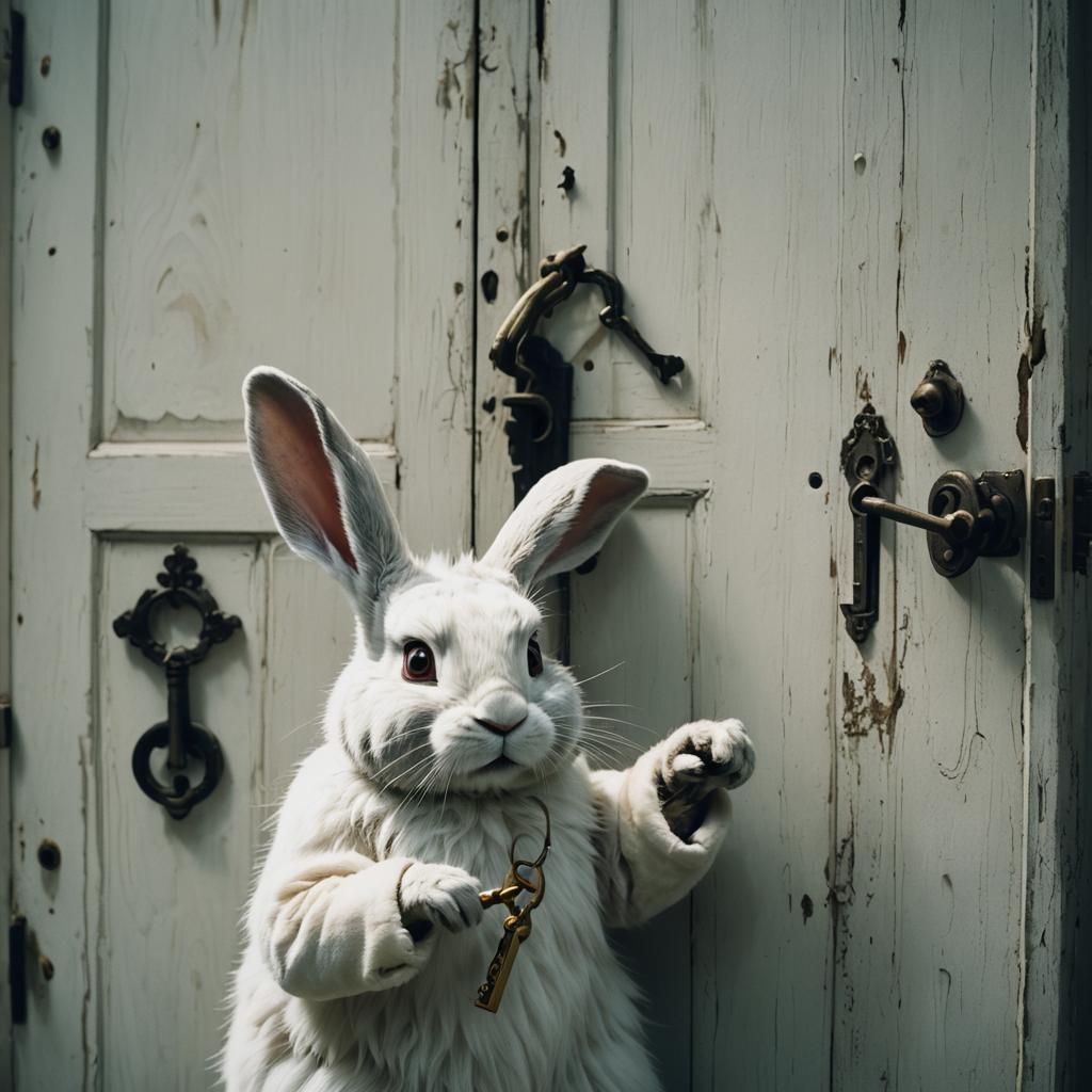 White Rabbit Unlocks Wonderland Door: Cinematic Film Still
