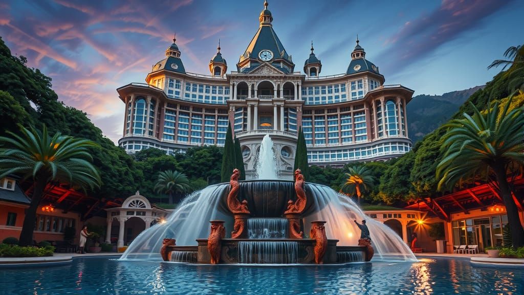 Mountain Hotel with Waterfall Fountain in Digital Art Style