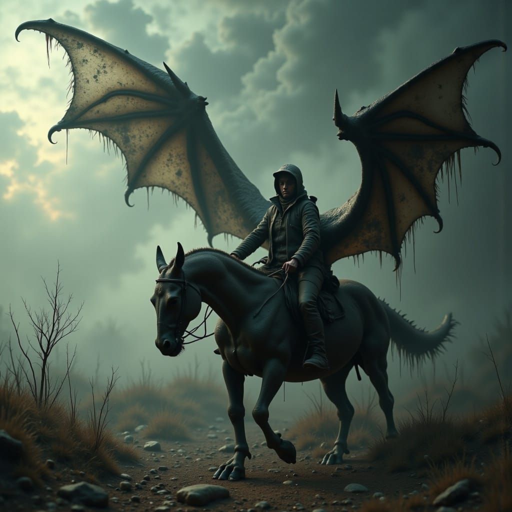 Cyberpunk Dragon Rider on a Post-Apocalyptic Landscape