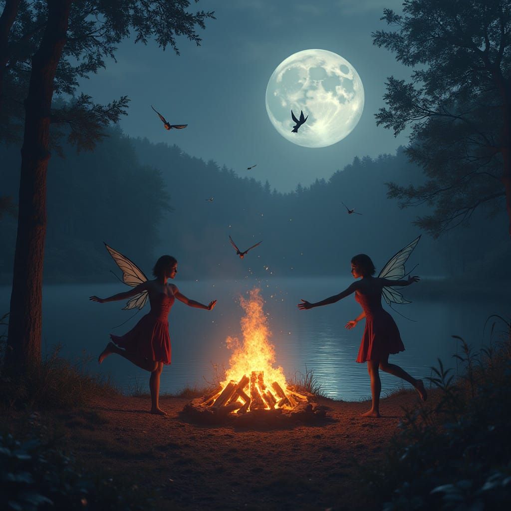 Whimsical Dark Fairies Dance Under a Full Moon