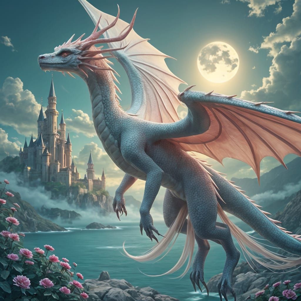 Pink Dragon Woman Over Fairytale Castle