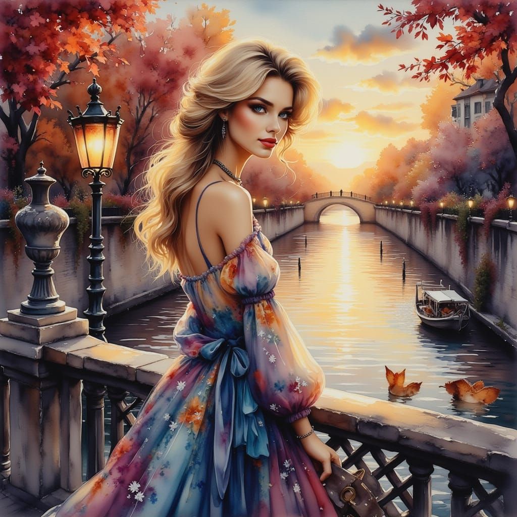 Elegant Woman at Sunset in Oil Painting Style