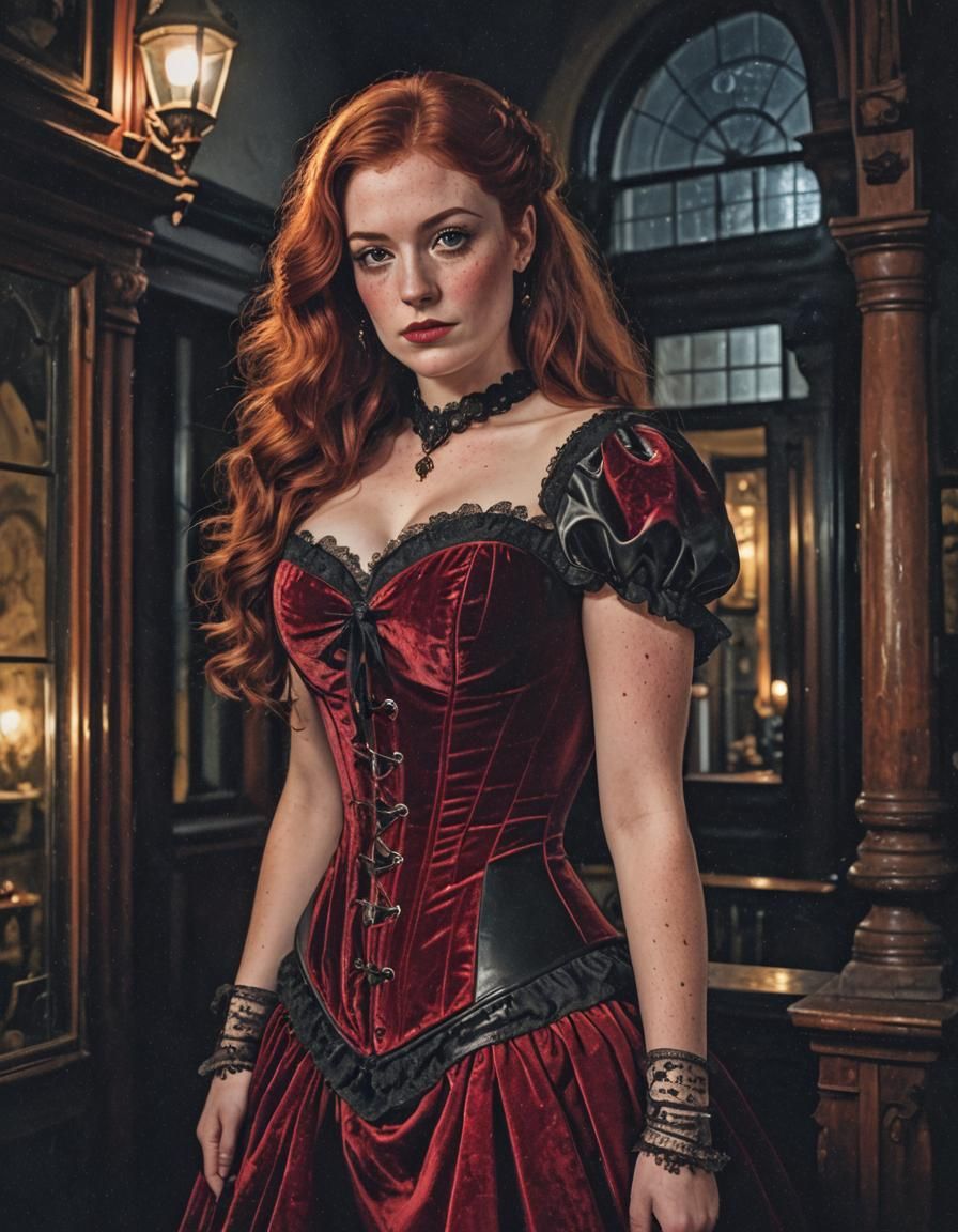 Victorian Woman in Red Velvet Dress Portrait