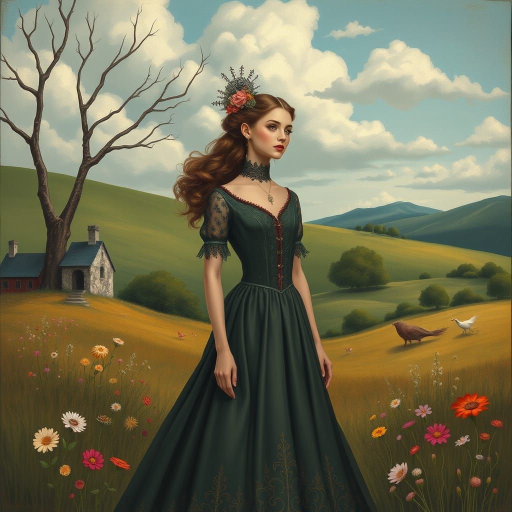 Elegant Woman in Dreamy Landscape with Pop Art Elements