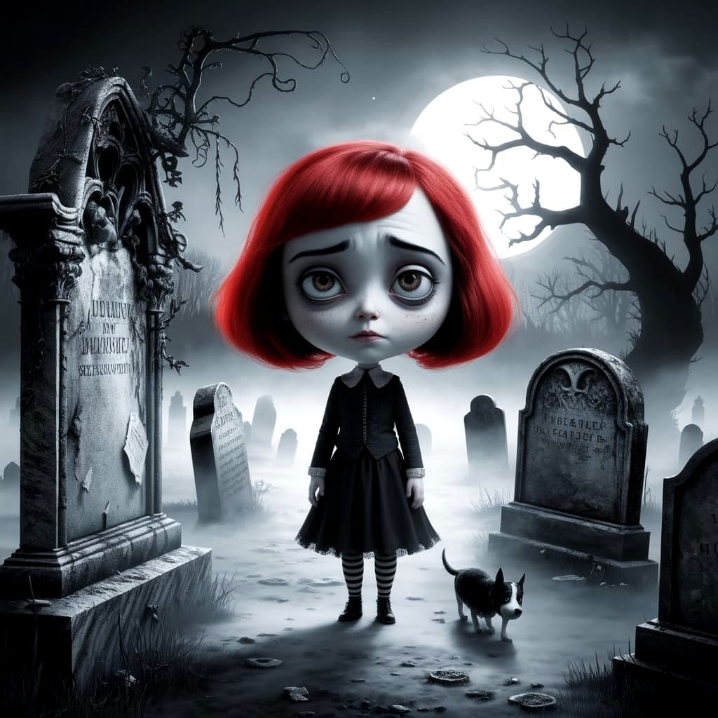 Eerie Girl with Red Hair in Tim Burton Style Graveyard