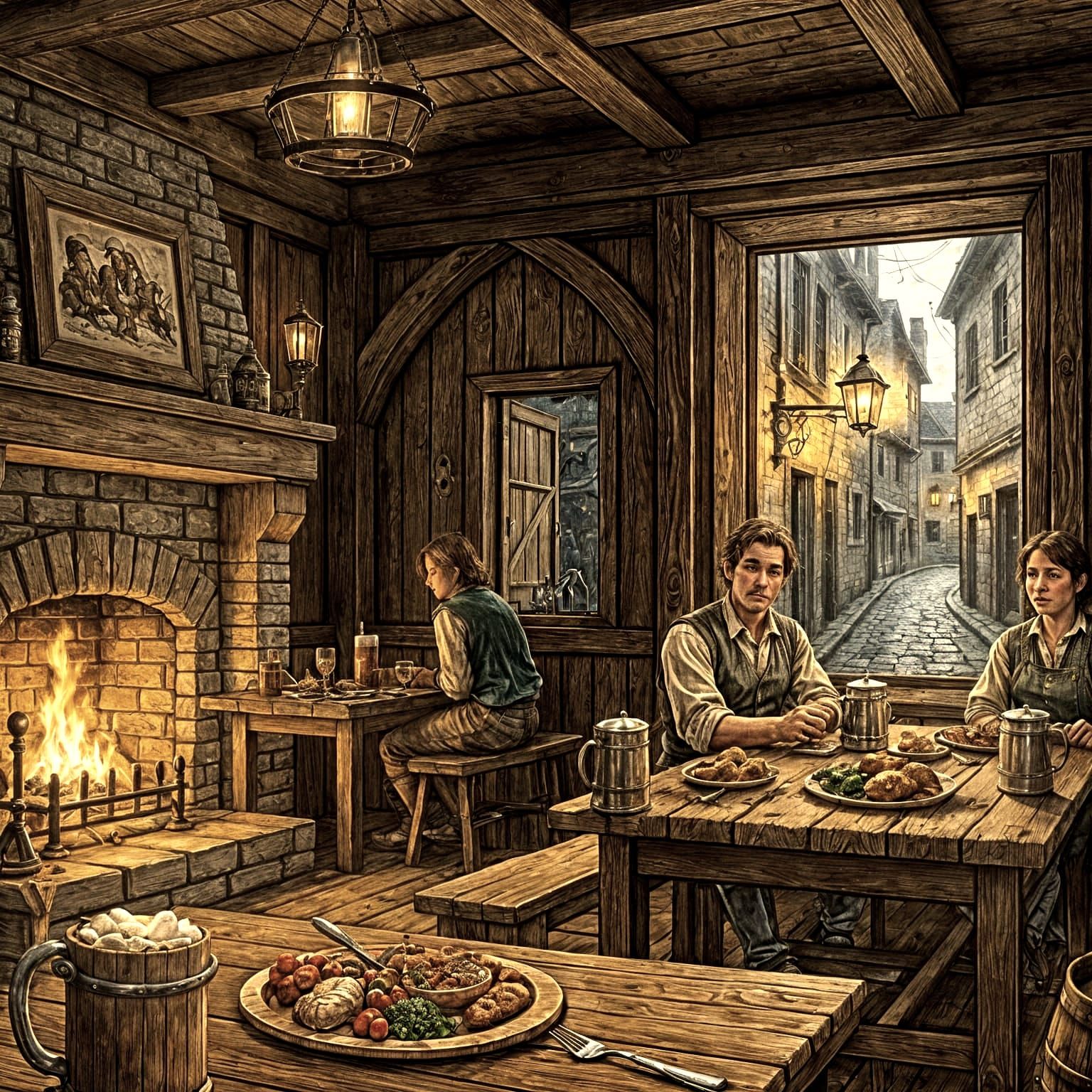 Cozy Tavern Interior by Firelight in Gouache Style