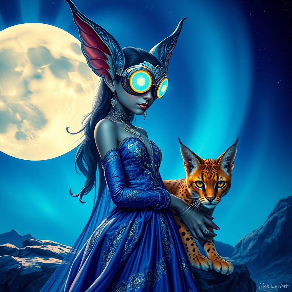 DMT Elf in Couture Gown on Blue Moon, Maxfield Parrish Style