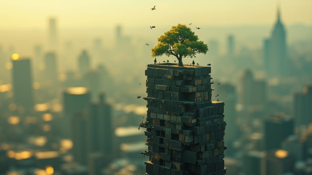 Miniature Skyscraper Bonsai in Hazy Afternoon Light
