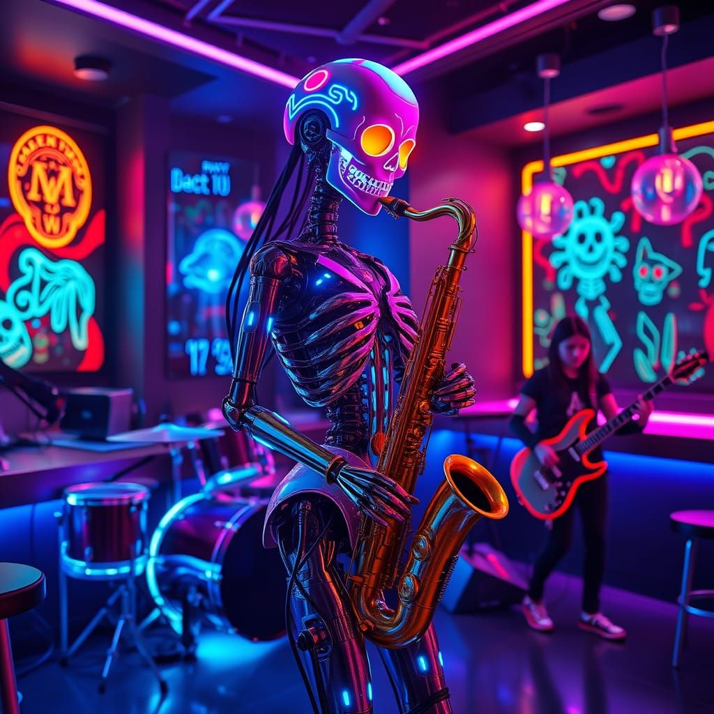 Cyberpunk Jazz Goddess Performs in Neon-Lit Bar