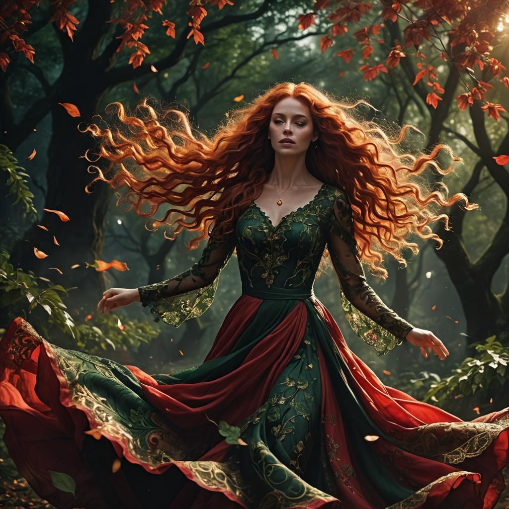 Girl in Red Dress Dancing with Leaves