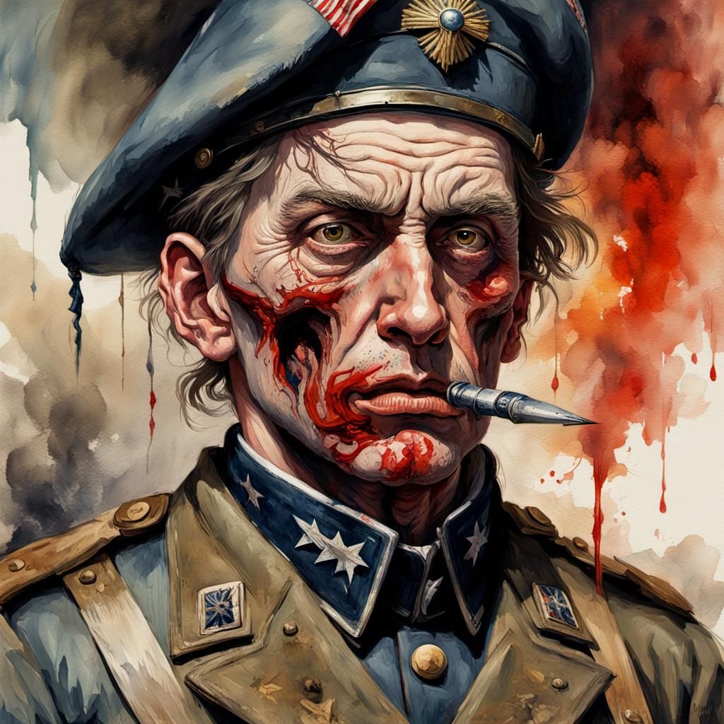 Grotesque Watercolor of American Soldier in Gothic Style