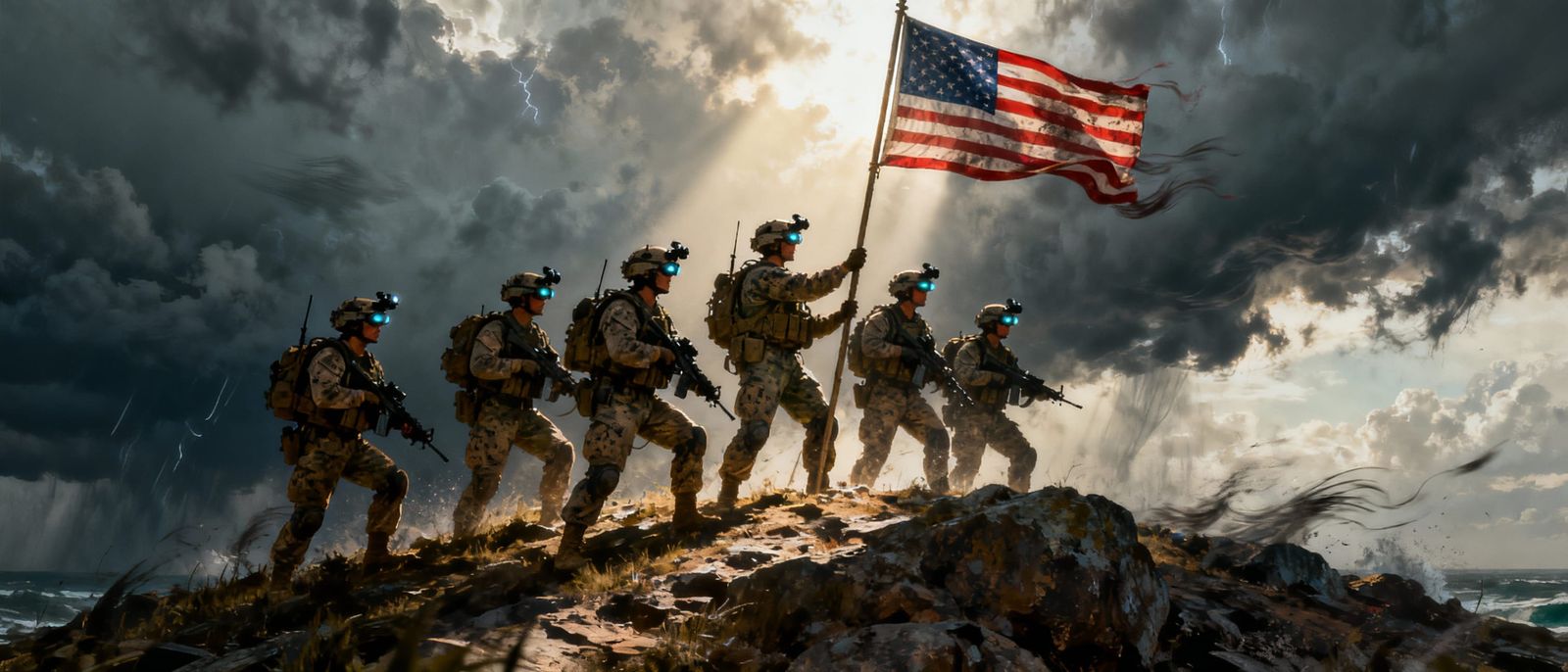 USMC Recon Marines Plant Flag in Stormy Landscape