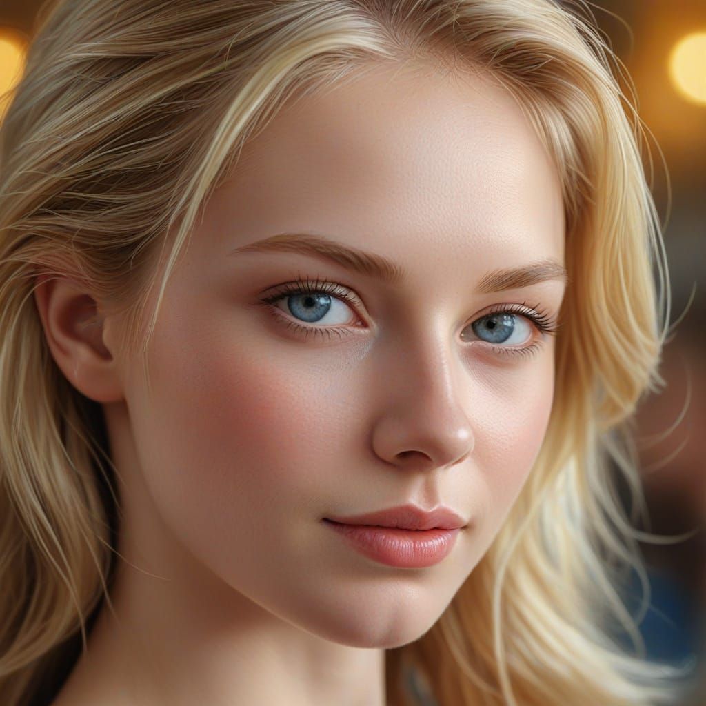 Elegant Oil Portrait of a Blonde Woman with Blue Eyes