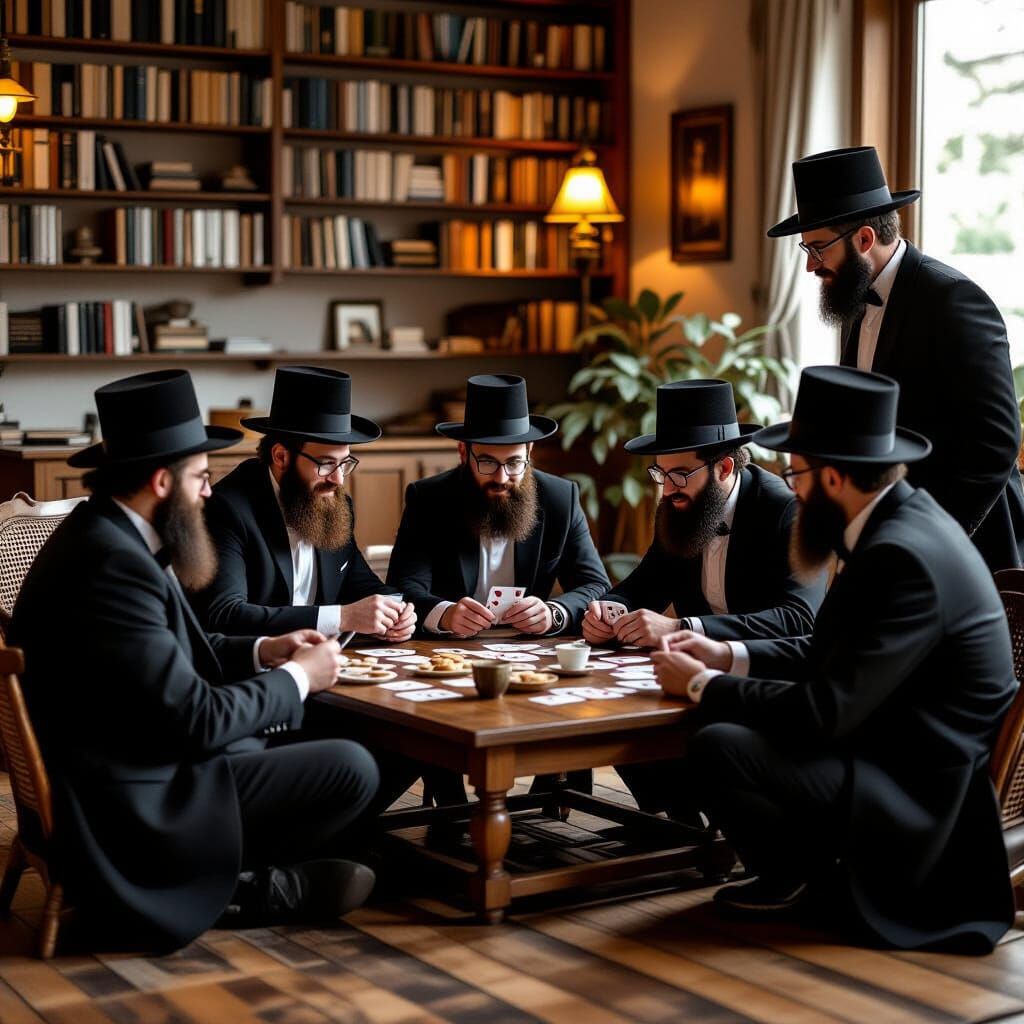 Hasidic Men Play Game in Rustic Living Room
