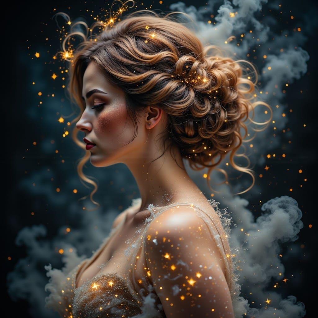 Cosmic Star Hair Portrait in Double Exposure