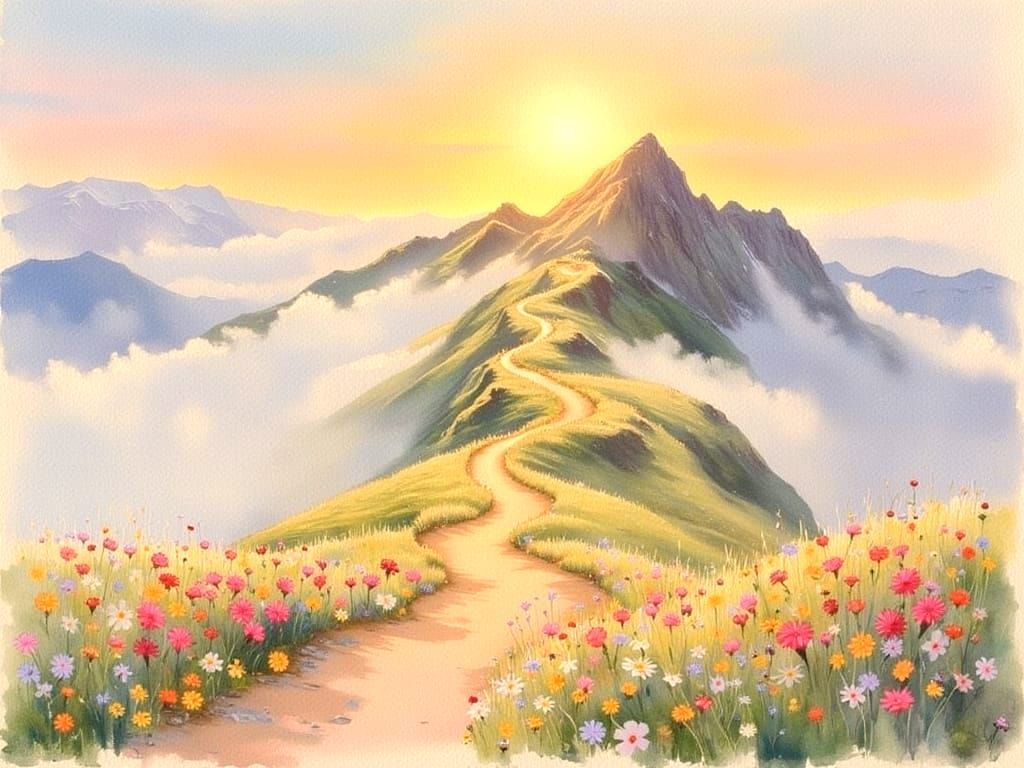 A serene mountain landscape at dawn