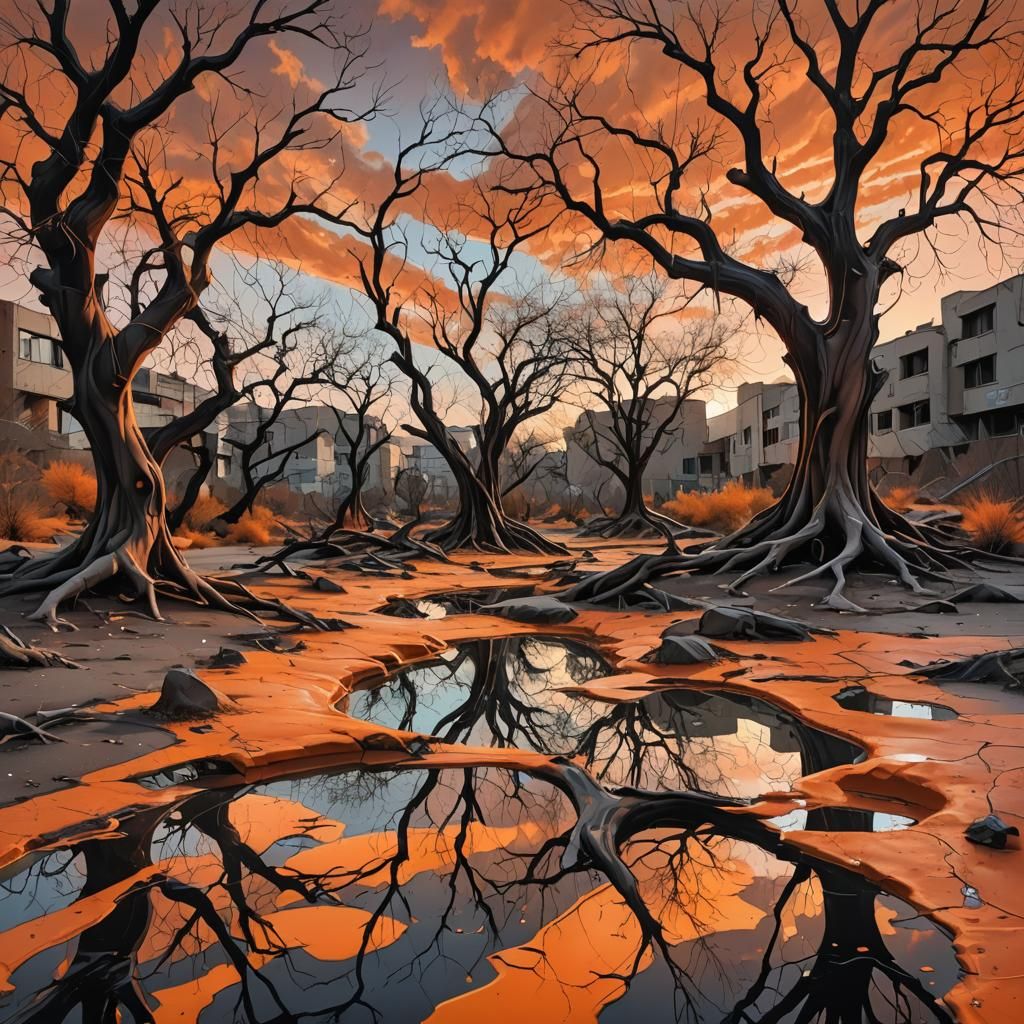 Surreal Orange Landscape with Twisted Trees
