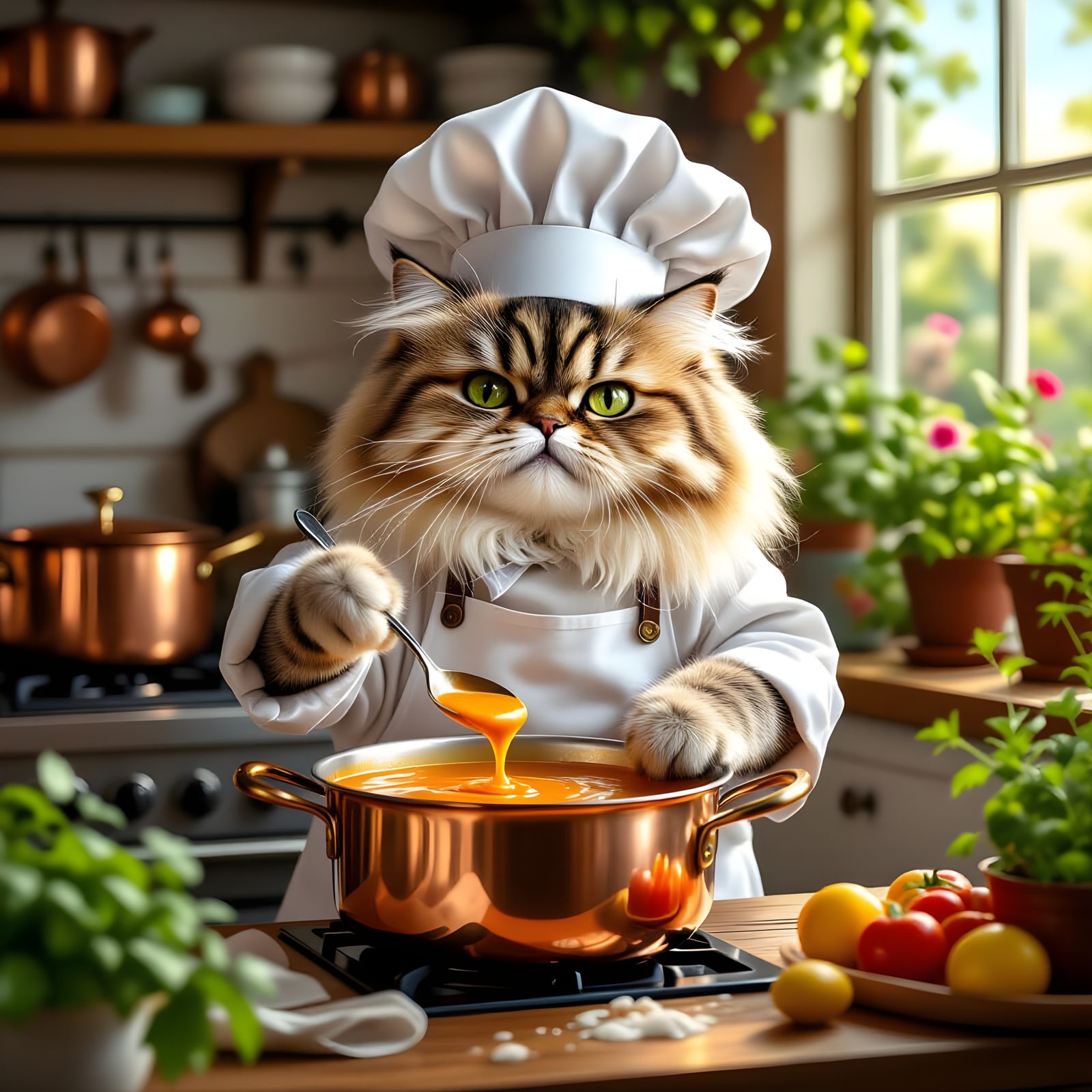 Chef Cat Cooks Lobster Bisque: Hyperrealistic Splash Art