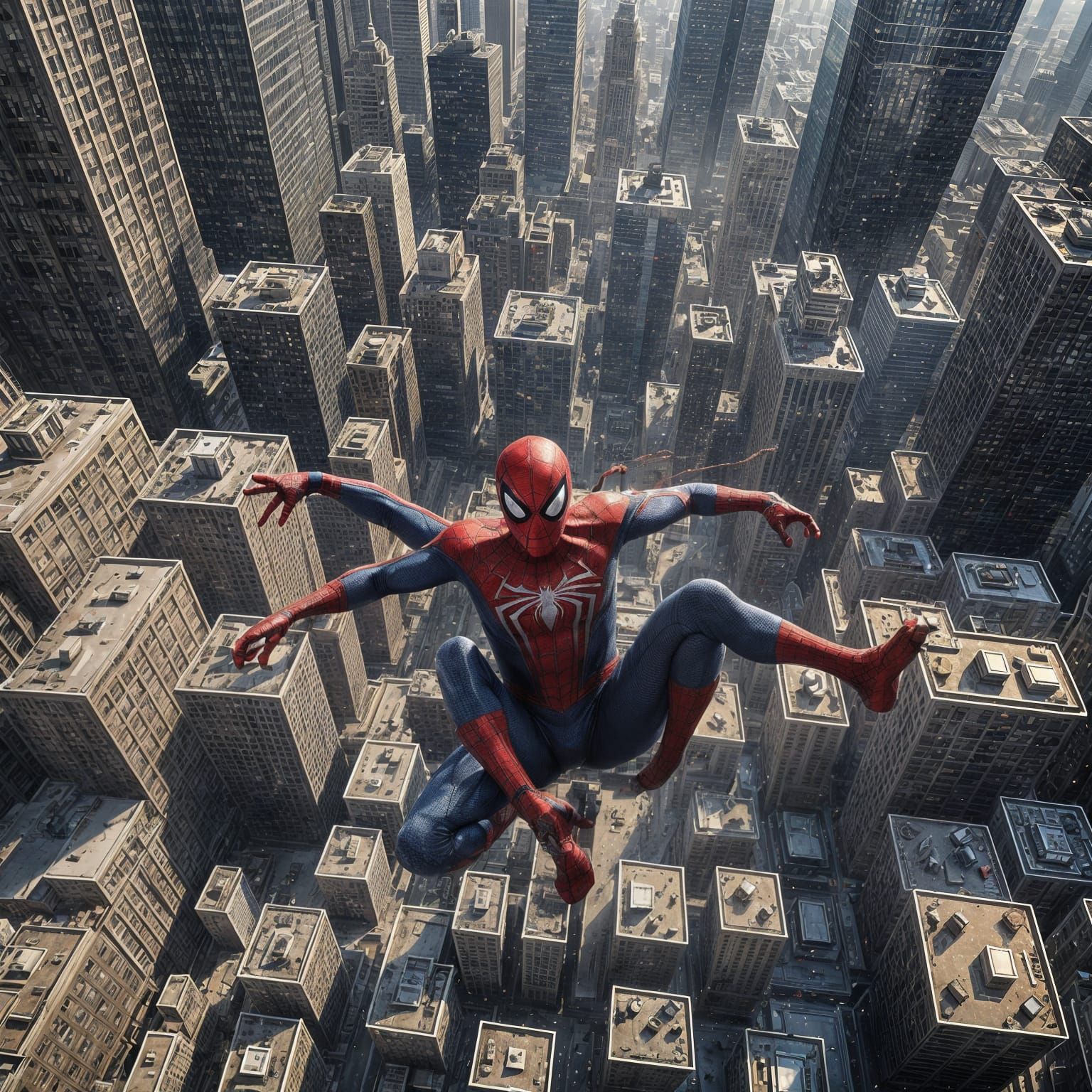 Spiderman Soaring Through City, Detailed Matte Painting