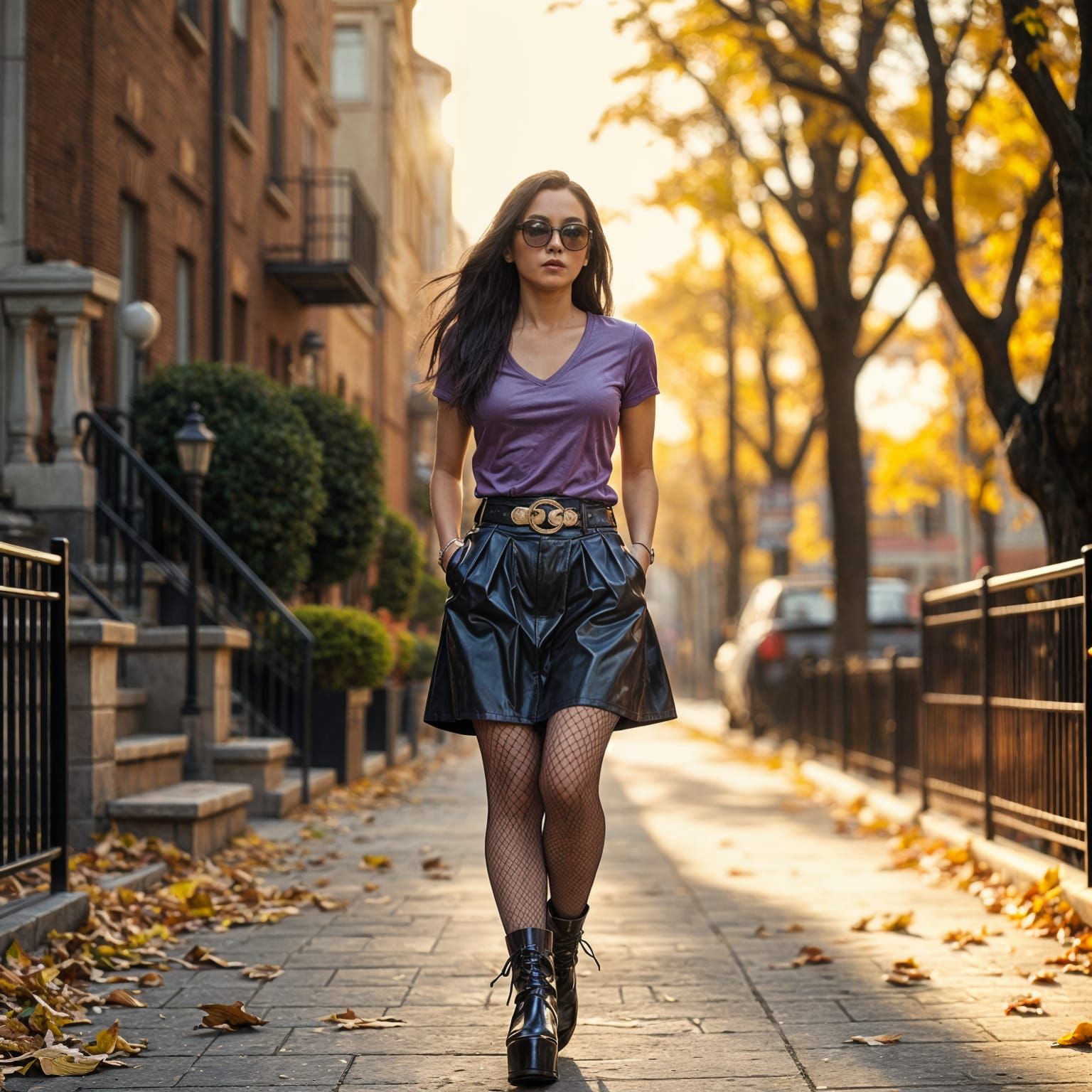 Woman in Latex Fashion Walking City Street