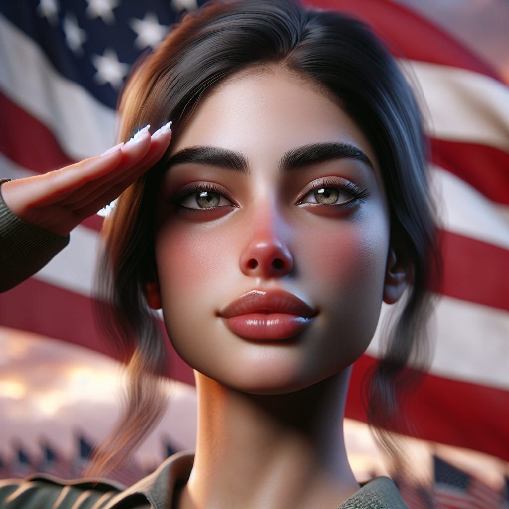 Photorealistic Portrait of Woman Saluting American Flag