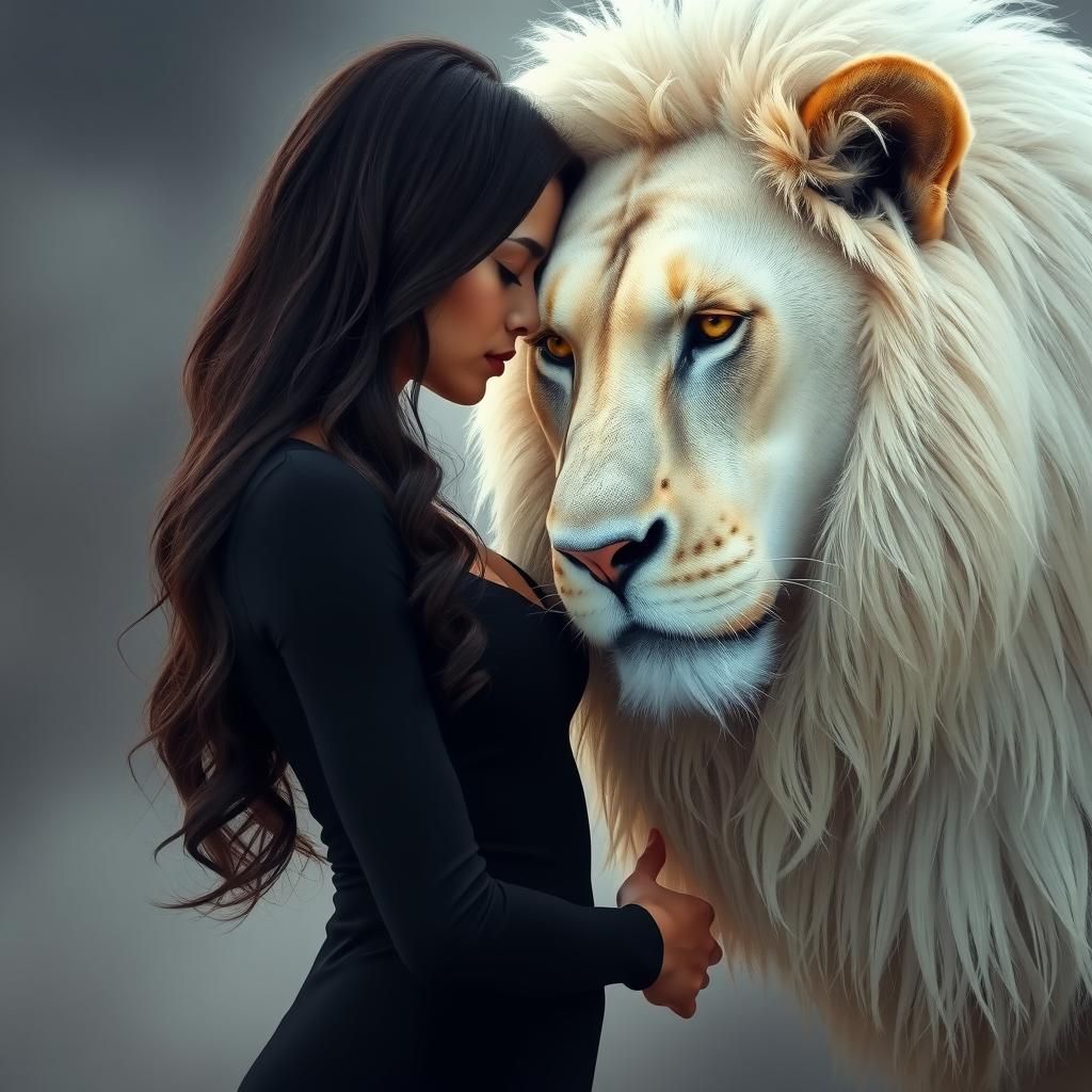 A surreal, soft-focus scene: a woman with long, dark, wavy h...