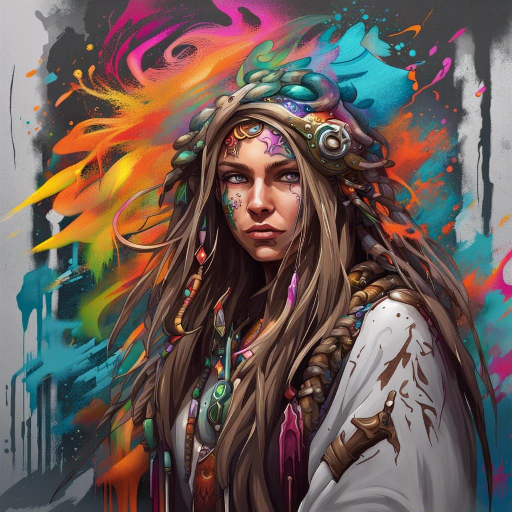 Young Druid with Staff in Graffiti Art Style