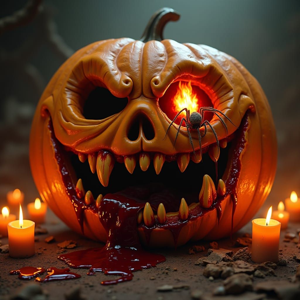 Grotesque Pumpkin with Spider in Satanic Circus Style