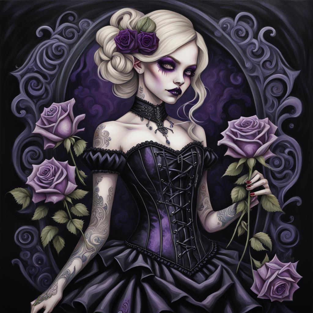 Gothic blonde lady with roses black and purple