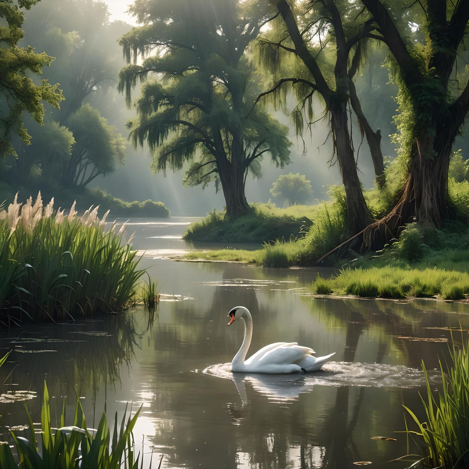 Swan in Mystic River Landscape