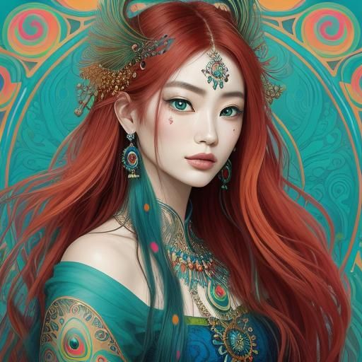 Exotic Portrait with Peacock Feathers in Abstract Style