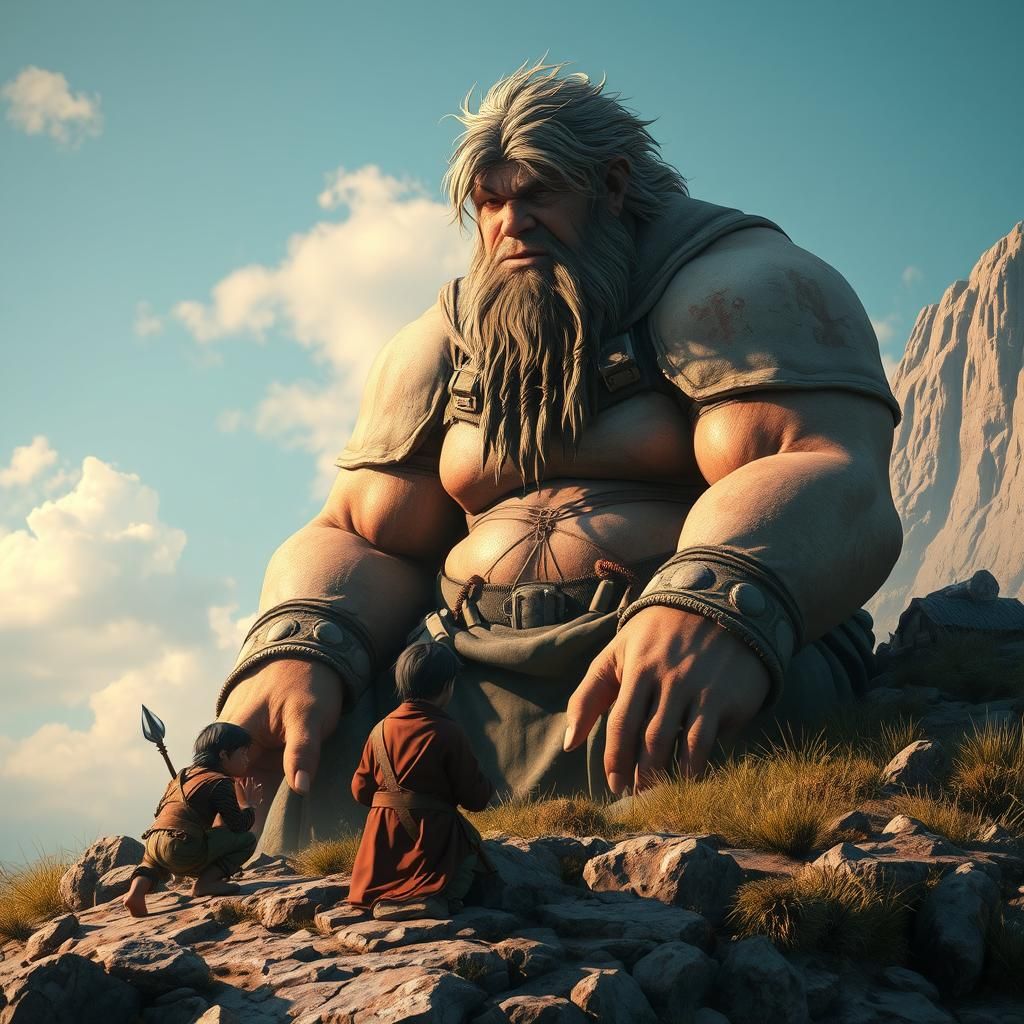 Detailed Photograph of a Burly Giant Talking to Villagers