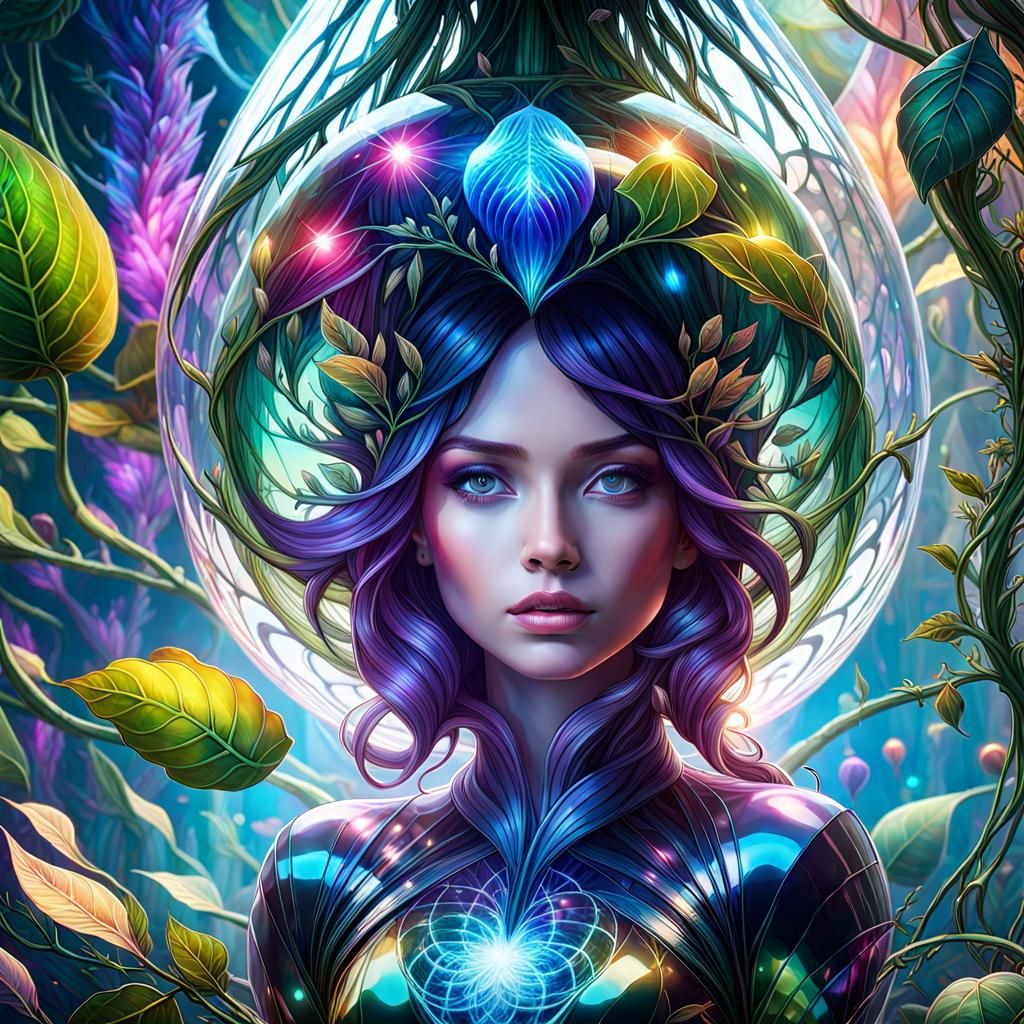 Woman in Magical Seed Pod: Vivid Fantasy Art