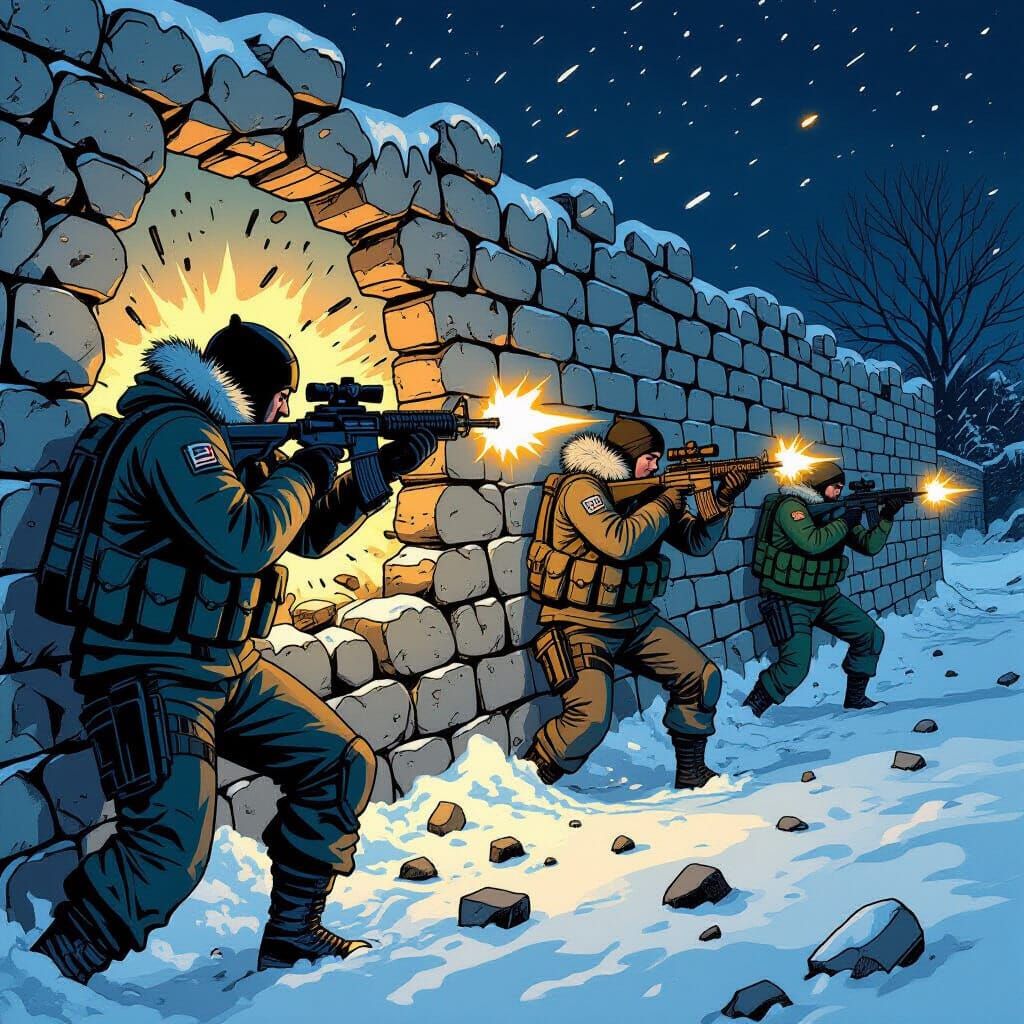 Fighters Defend Position in Nighttime Comic Art