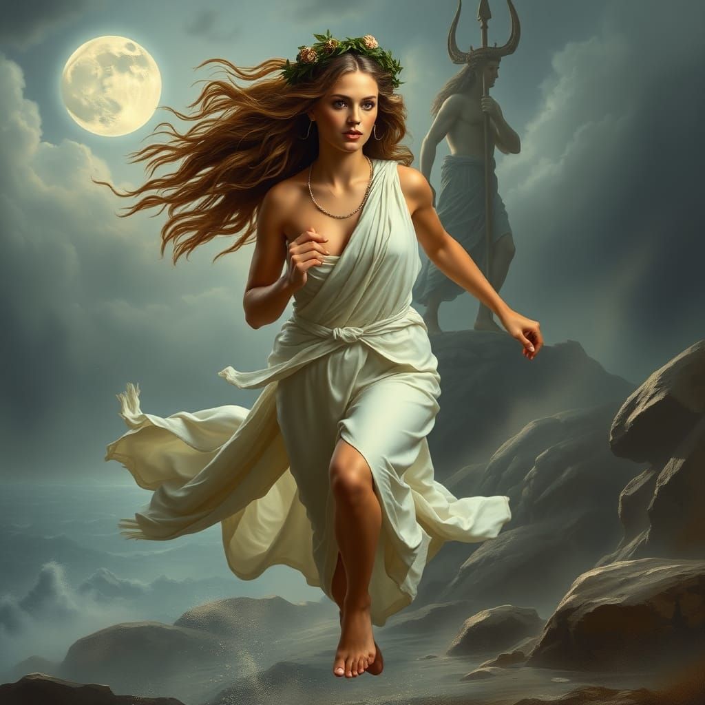 Medusa Running from Poseidon in Pre-Raphaelite Style