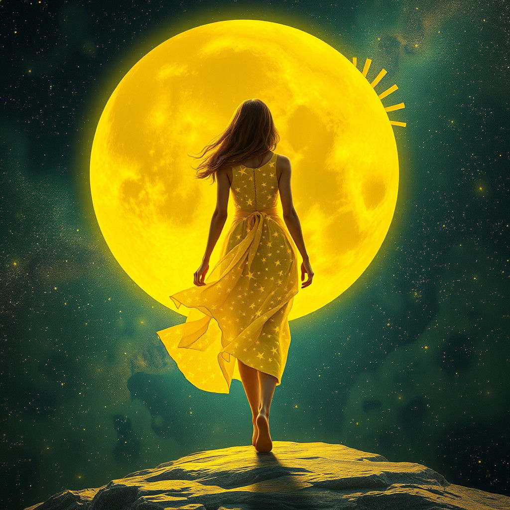 Woman in Star Dress Enters Yellow Moon