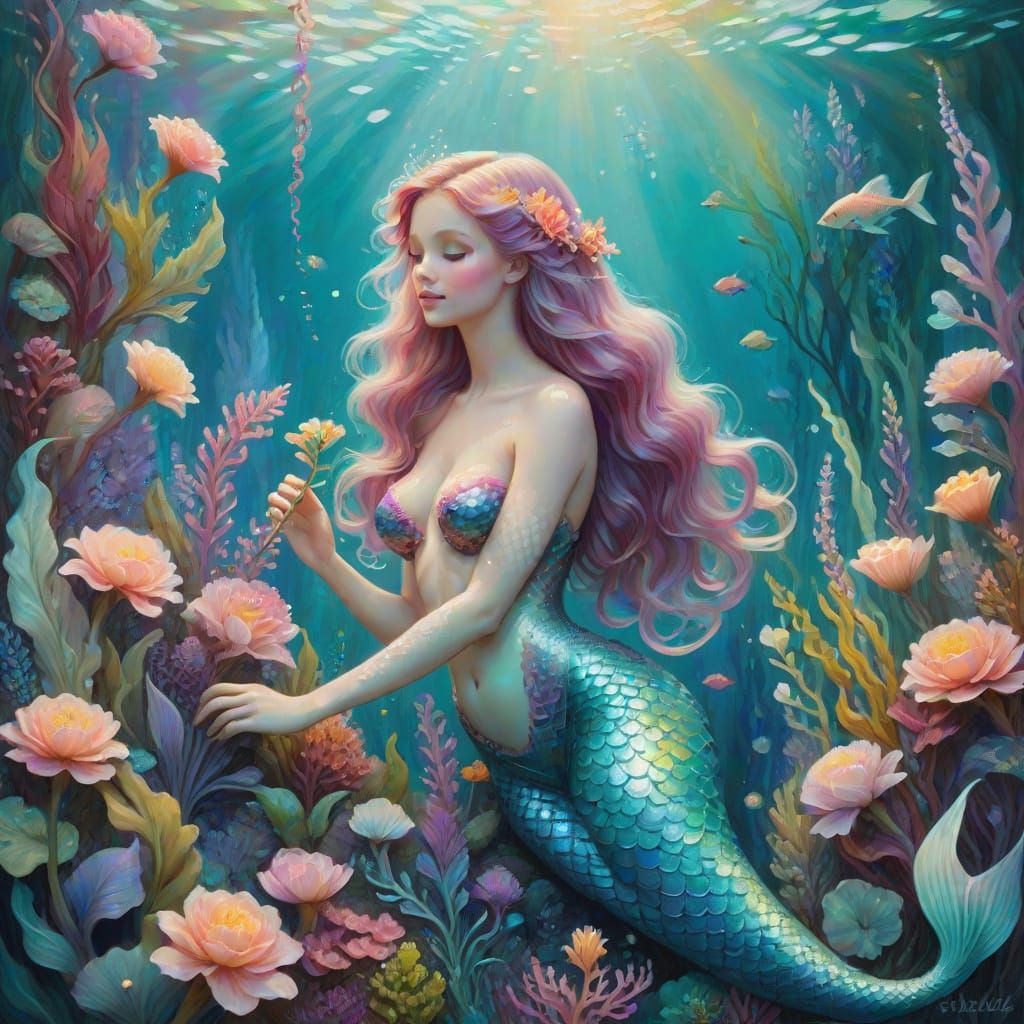 Enchanting Mermaid's Garden: A Whimsical Oil Painting
