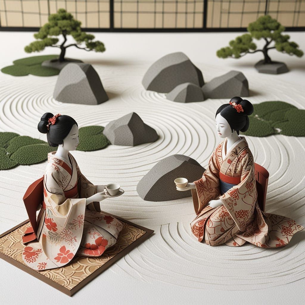 Serene Geisha Tea Ceremony in 3D Paper Collage