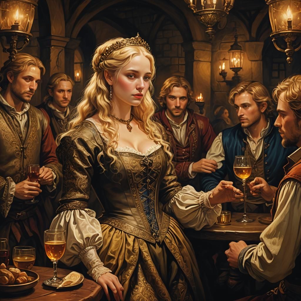 Elegant Blonde Siren Enchants Men in Candlelit Tavern