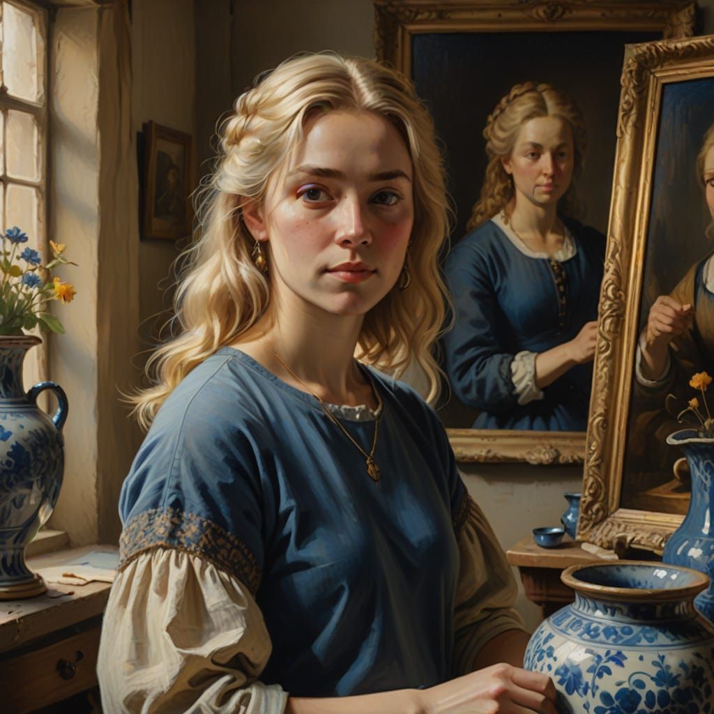 Baroque Blond Woman Painting Delft Blue Vase
