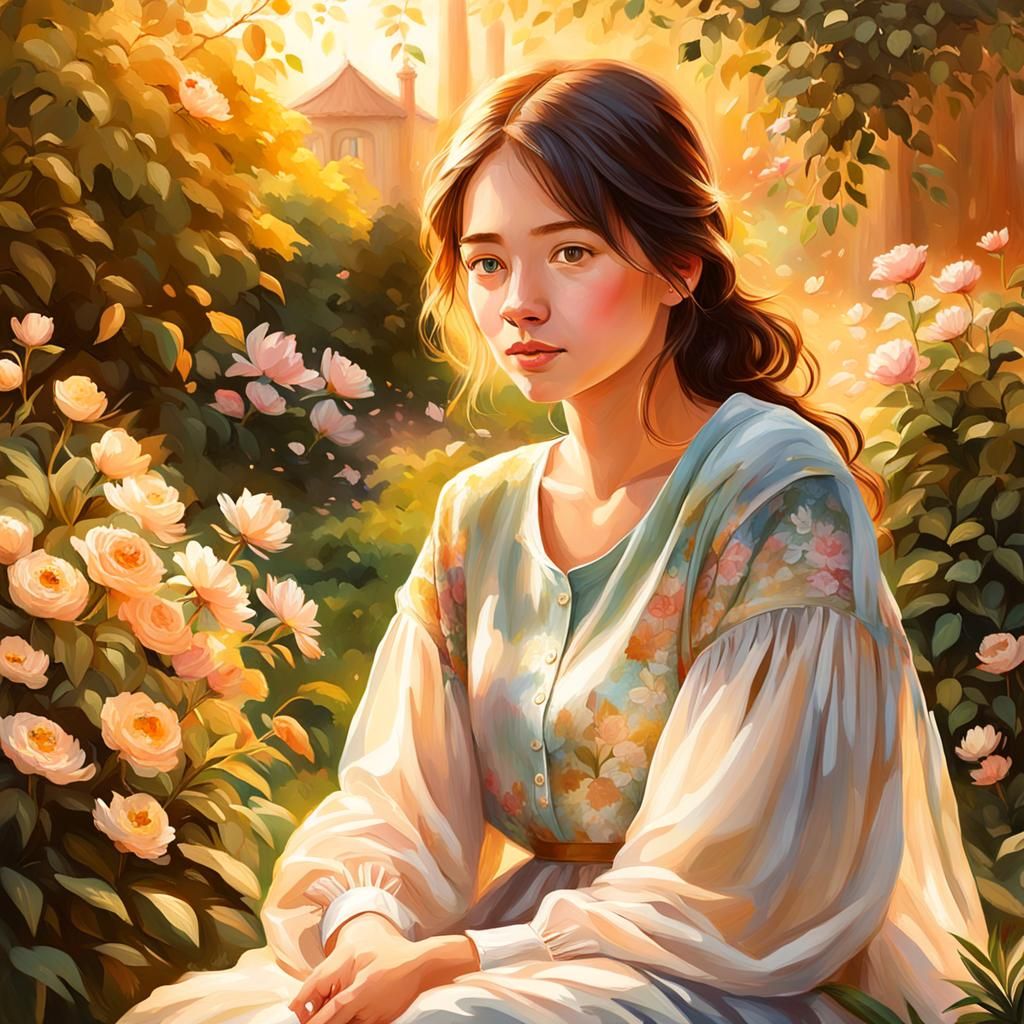Serene Woman in Sunlit Garden Portrait