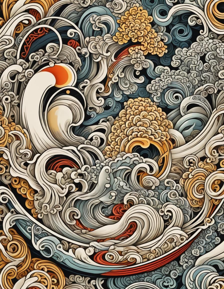 Traditional Japanese Ramen Bowl with Abstract Elements