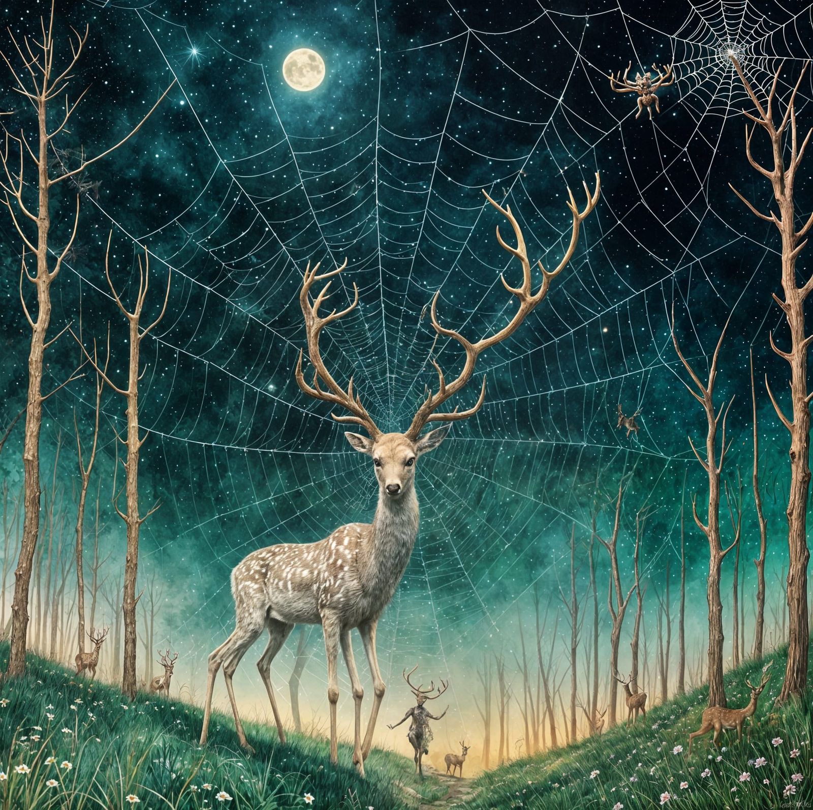 Giant Spiders Chase Deer Across Starry Plains