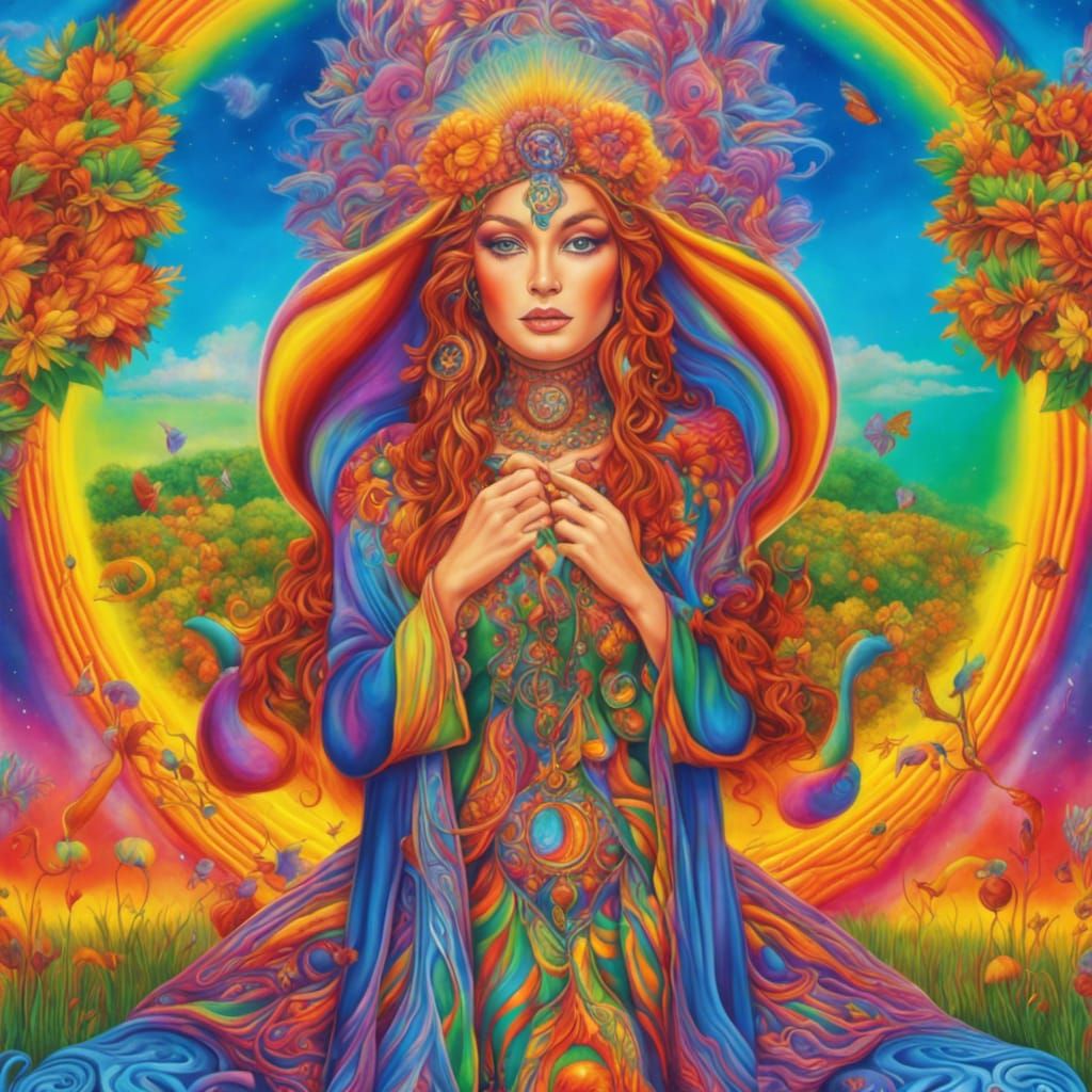 Pagan Hippy Goddess in the style of Lisa Frank and Alex Grey