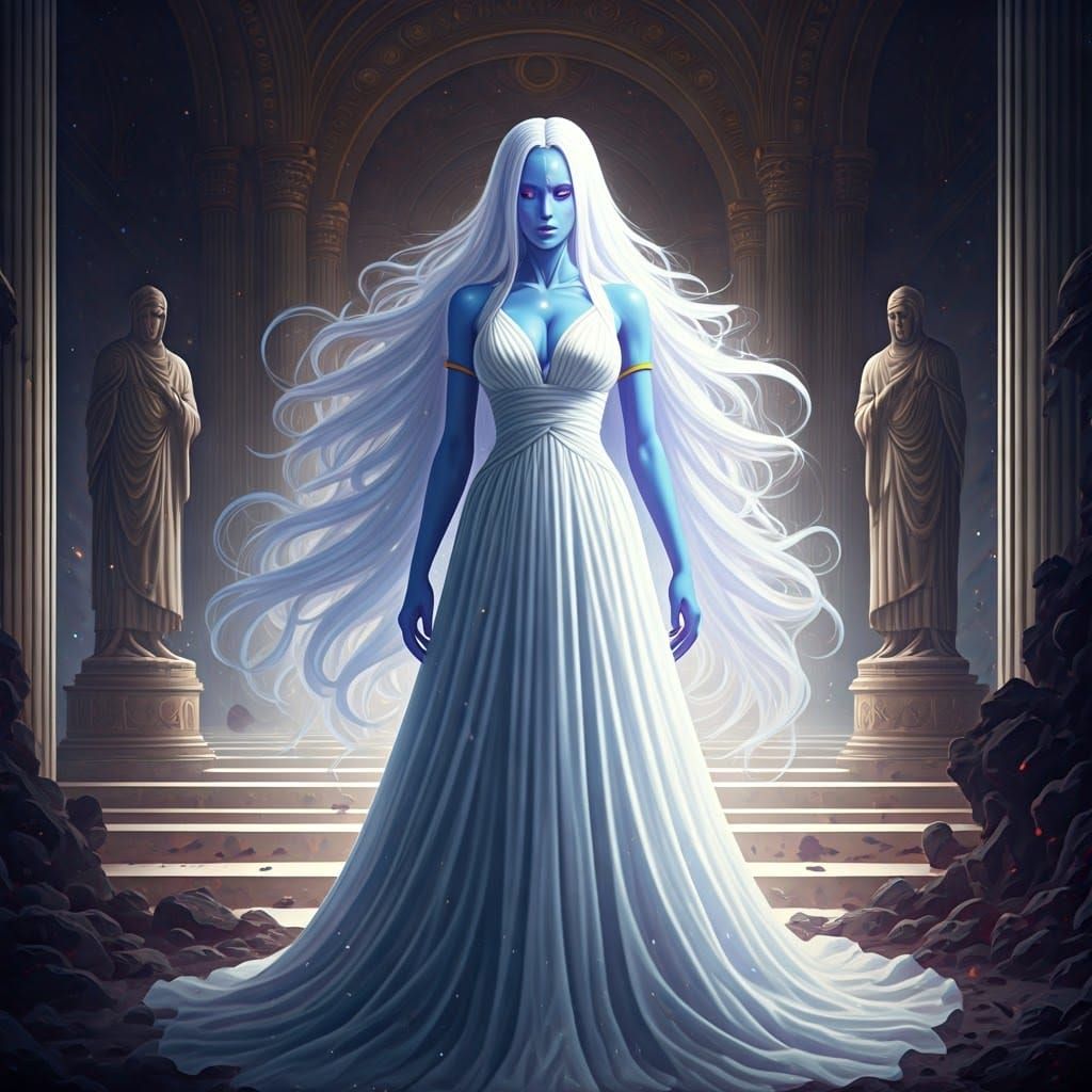 Ethereal Goddess Confronts Dark Entity in Divine Realm